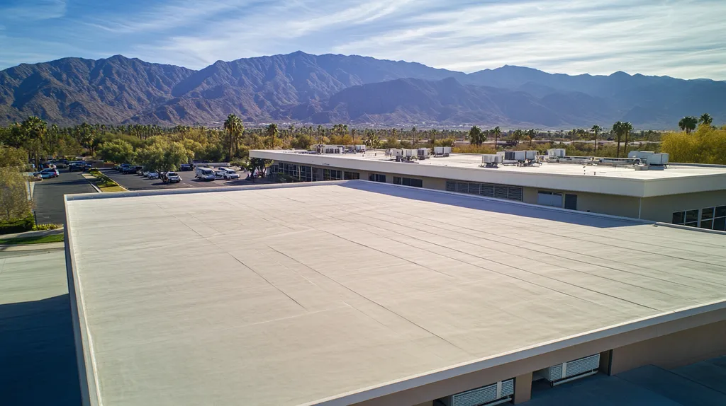 A commercial roof on a post office in a location similar to Palm Springs with an architectural photography aesthetic (AI image)