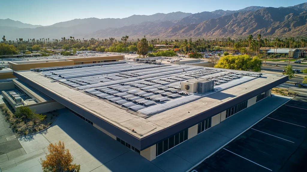A commercial roof on a post office in a location similar to Palm Springs with an architectural photography aesthetic (AI image)