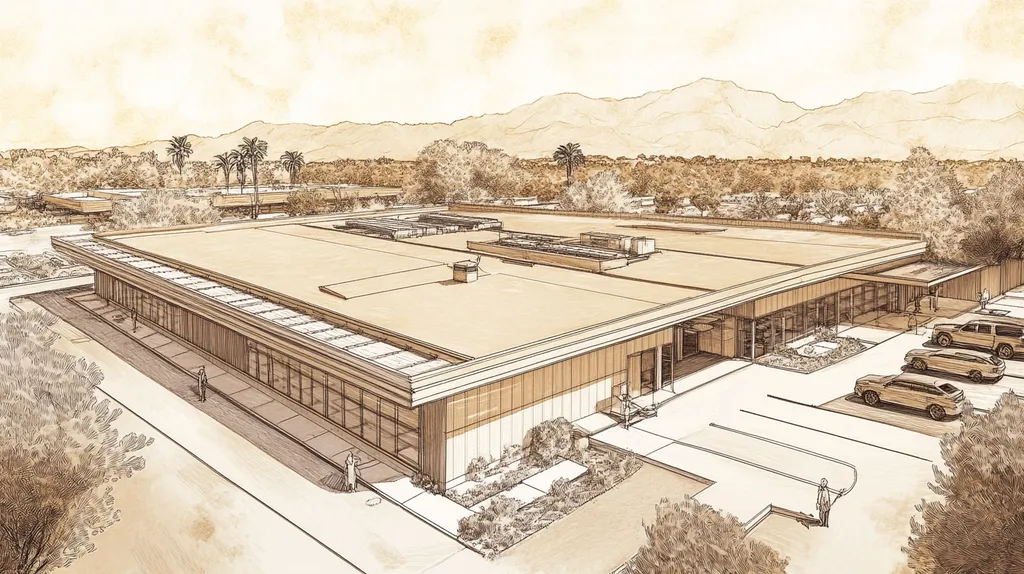 A commercial roof on a post office in a location similar to Palm Springs with an architectural sketch rendering aesthetic (AI image)