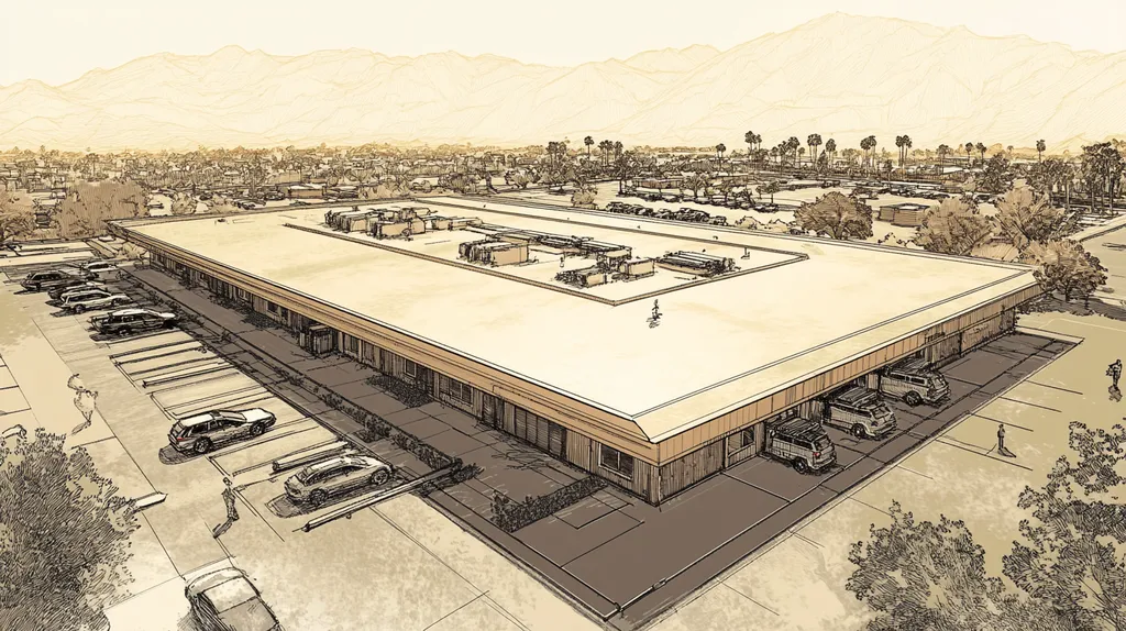 A commercial roof on a post office in a location similar to Palm Springs with an architectural sketch rendering aesthetic (AI image)