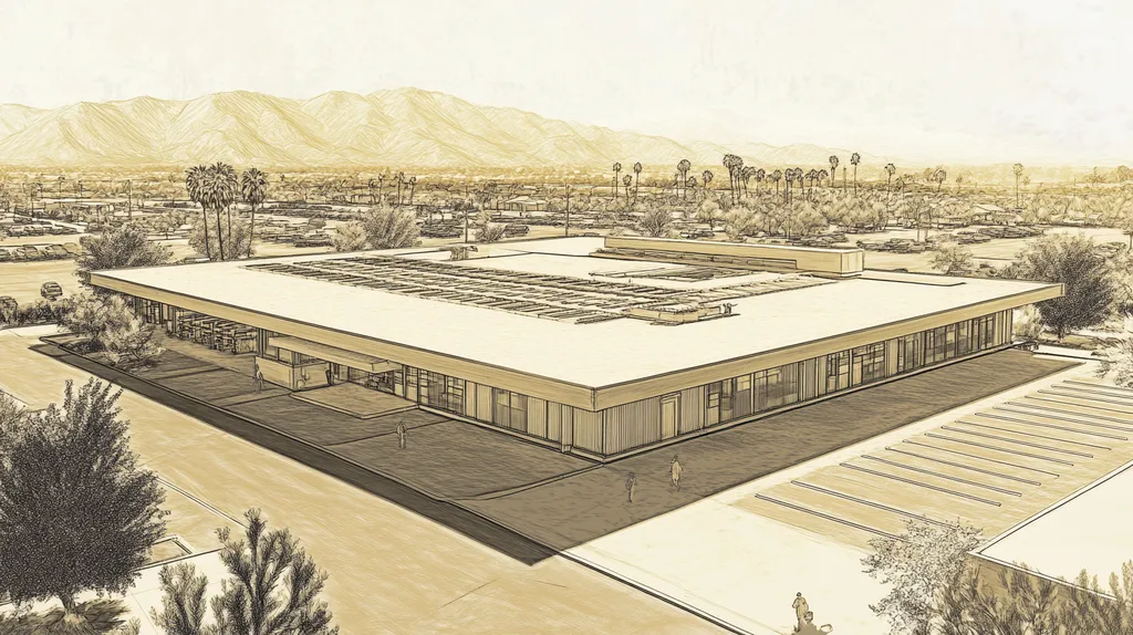 A commercial roof on a post office in a location similar to Palm Springs with an architectural sketch rendering aesthetic (AI image)