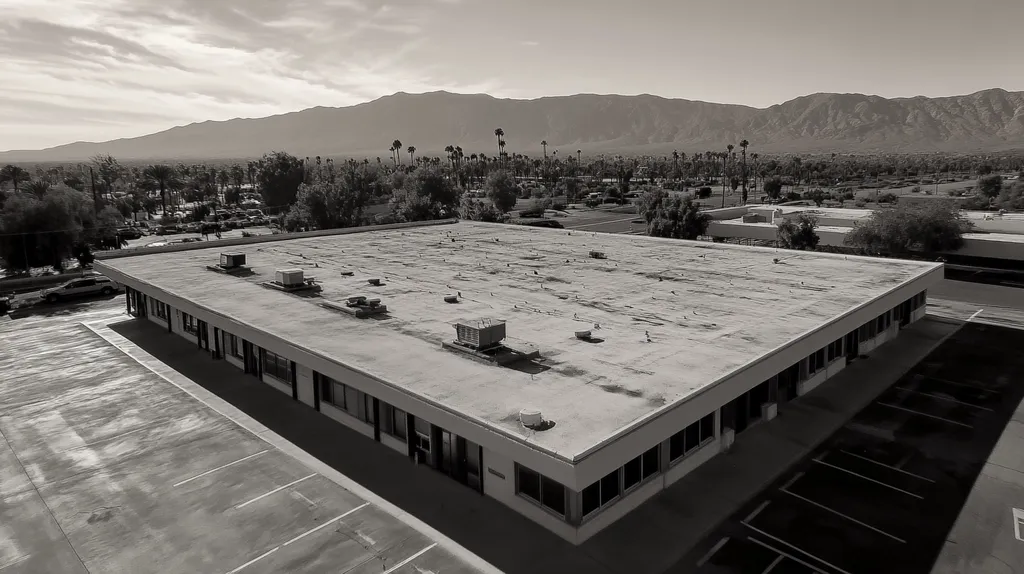 A commercial roof on a post office in a location similar to Palm Springs with a black and white photography aesthetic (AI image)