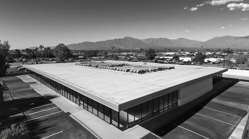 A commercial roof on a post office in a location similar to Palm Springs with a black and white photography aesthetic (AI image)