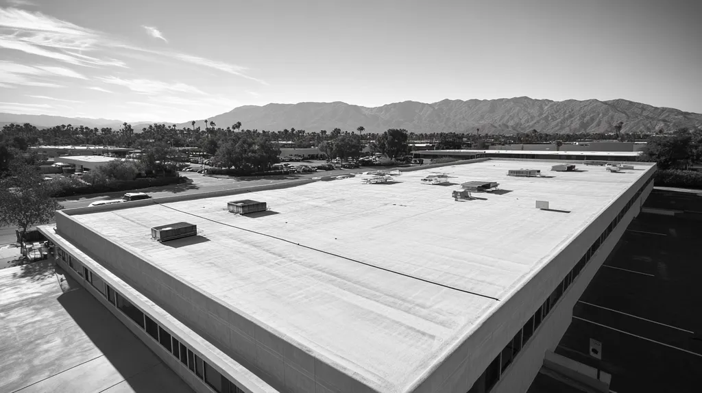 A commercial roof on a post office in a location similar to Palm Springs with a black and white photography aesthetic (AI image)