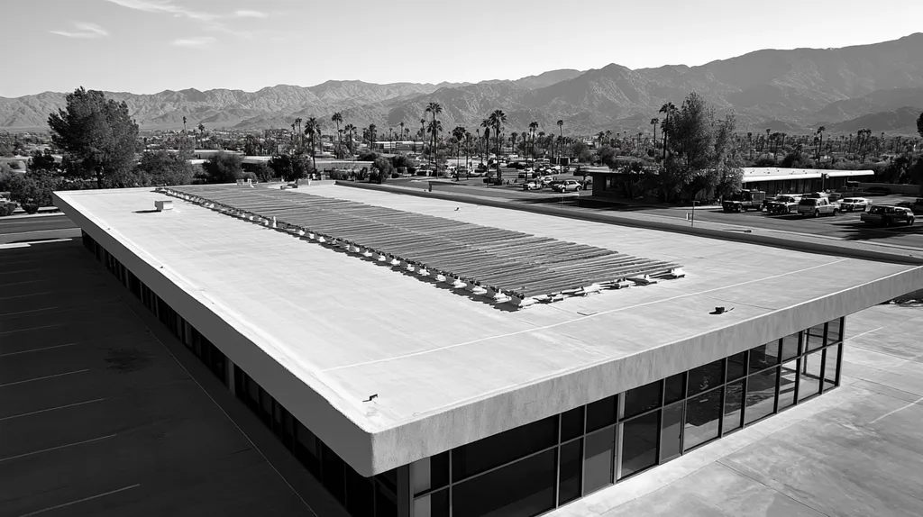 A commercial roof on a post office in a location similar to Palm Springs with a black and white photography aesthetic (AI image)