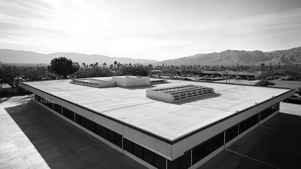 A commercial roof on a post office in a location similar to Palm Springs with a black and white photography aesthetic (AI image)