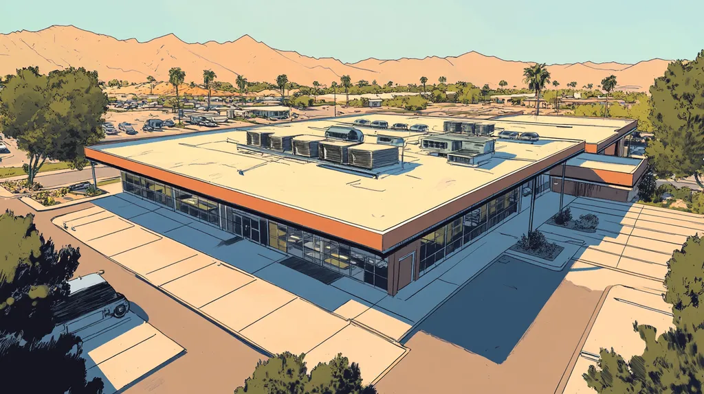 A commercial roof on a post office in a location similar to Palm Springs with a comic book style aesthetic (AI image)