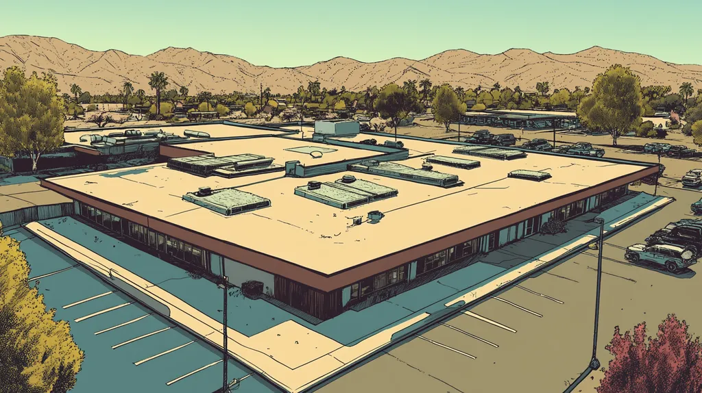A commercial roof on a post office in a location similar to Palm Springs with a comic book style aesthetic (AI image)