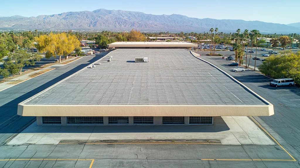 A commercial roof on a post office in a location similar to Palm Springs with an urban context aesthetic (AI image)