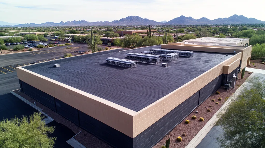 A commercial roof on a post office in a location similar to Phoenix with an architectural photography aesthetic (AI image)