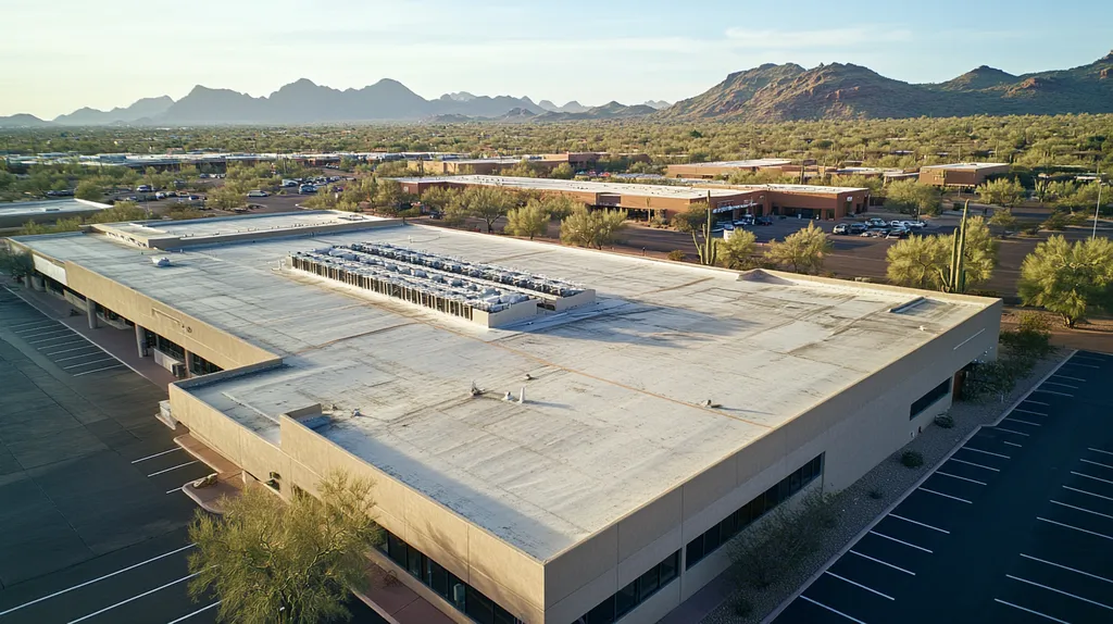 A commercial roof on a post office in a location similar to Phoenix with an architectural photography aesthetic (AI image)