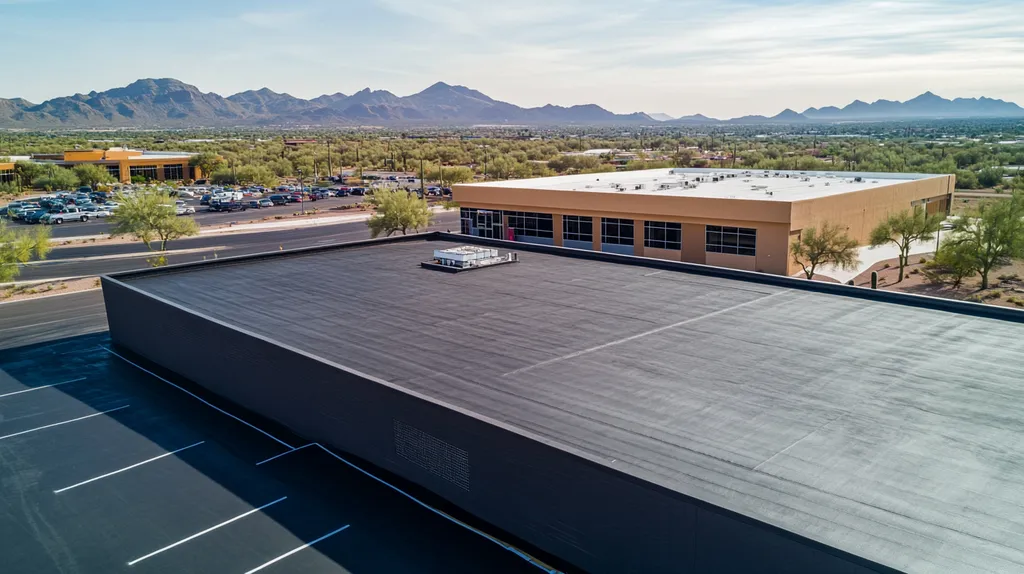 A commercial roof on a post office in a location similar to Phoenix with an architectural photography aesthetic (AI image)