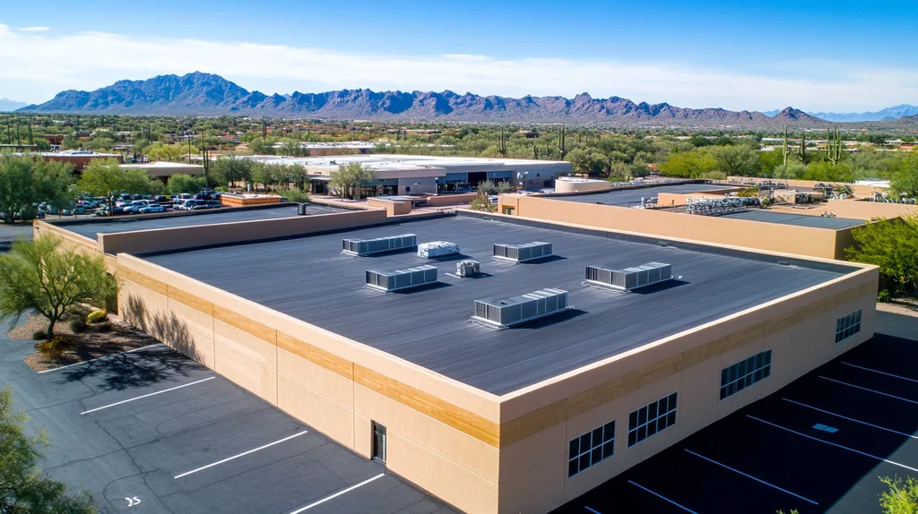 A commercial roof on a post office in a location similar to Phoenix with an architectural photography aesthetic (AI image)