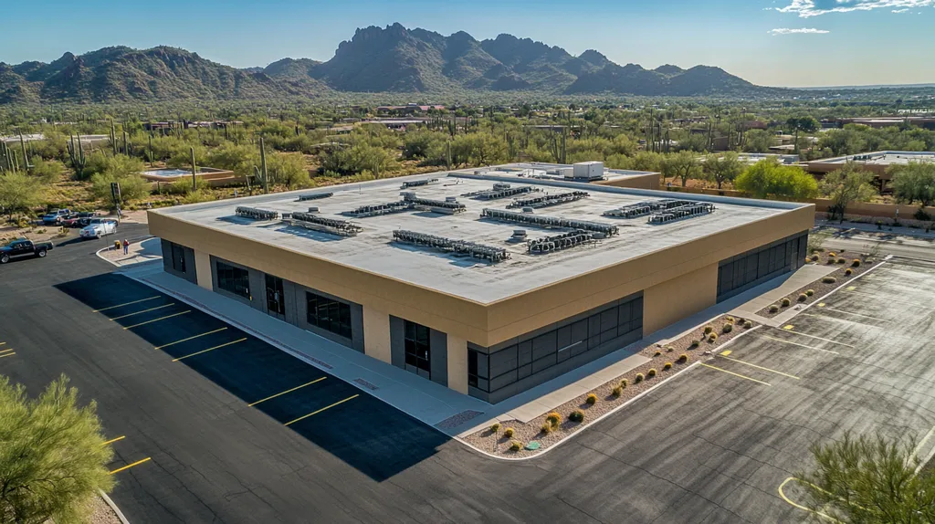 A commercial roof on a post office in a location similar to Phoenix with an architectural photography aesthetic (AI image)