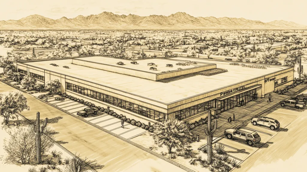 A commercial roof on a post office in a location similar to Phoenix with an architectural sketch rendering aesthetic (AI image)