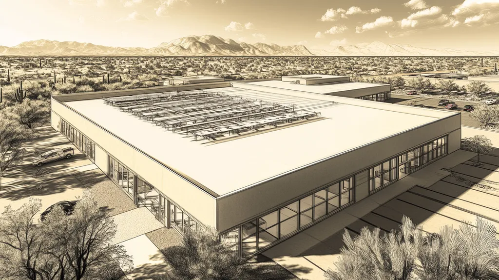A commercial roof on a post office in a location similar to Phoenix with an architectural sketch rendering aesthetic (AI image)