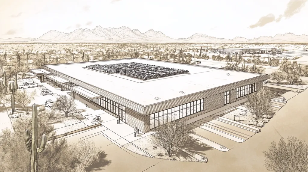 A commercial roof on a post office in a location similar to Phoenix with an architectural sketch rendering aesthetic (AI image)