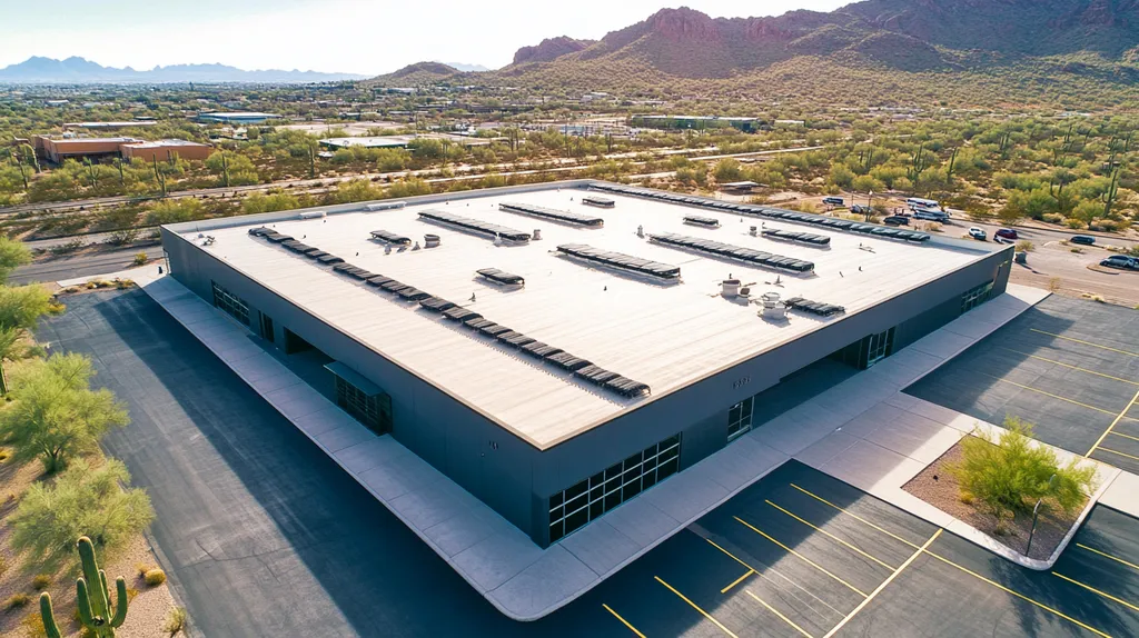 A commercial roof on a post office in a location similar to Phoenix with a color highlight aesthetic (AI image)
