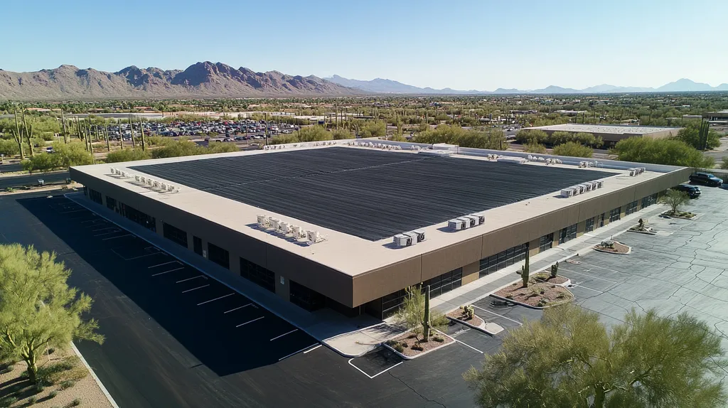 A commercial roof on a post office in a location similar to Phoenix with a color highlight aesthetic (AI image)