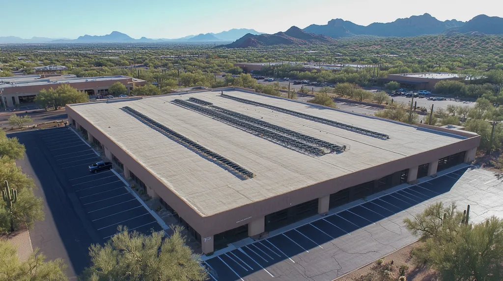 A commercial roof on a post office in a location similar to Phoenix with a color highlight aesthetic (AI image)