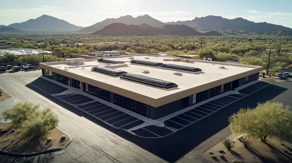 A commercial roof on a post office in a location similar to Phoenix with a color highlight aesthetic (AI image)