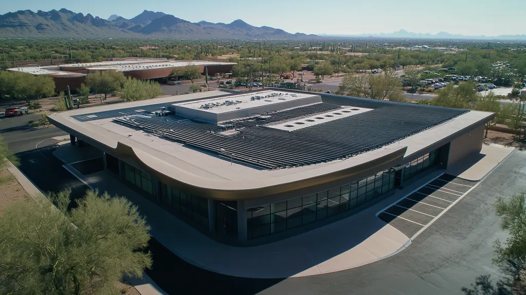 A commercial roof on a post office in a location similar to Phoenix with a futuristic aesthetic (AI image)