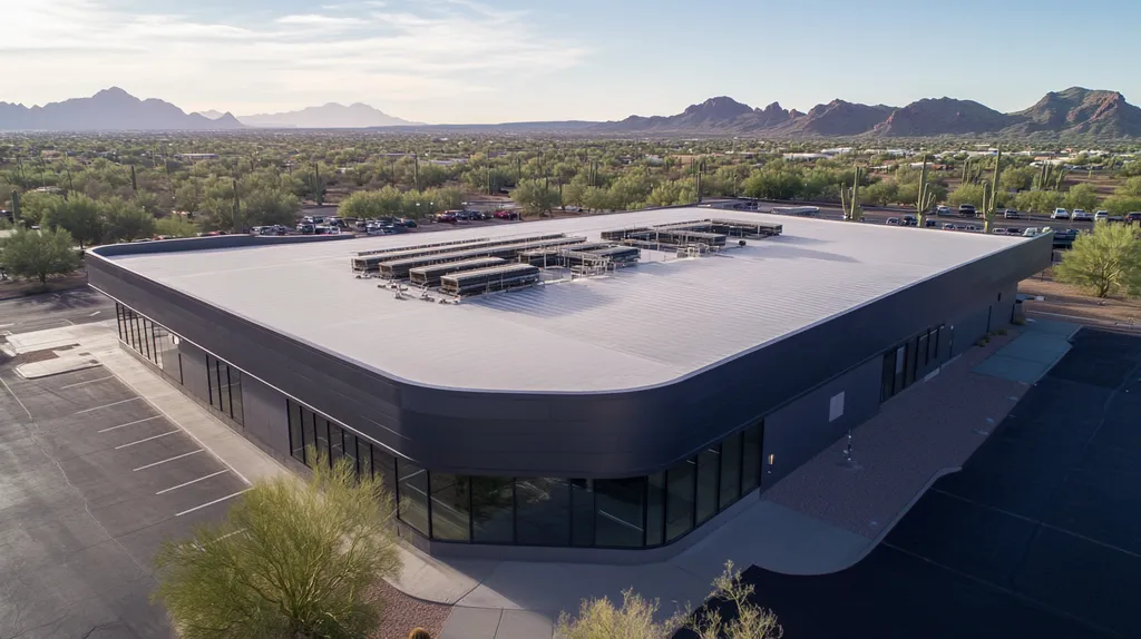 A commercial roof on a post office in a location similar to Phoenix with a futuristic aesthetic (AI image)
