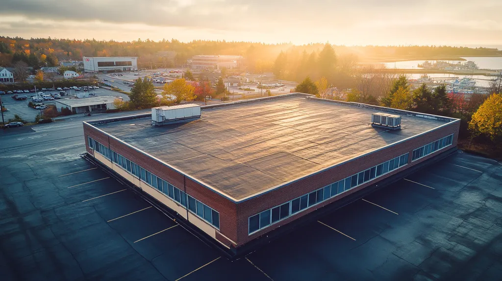 A commercial roof on a post office in a location similar to Portland, Maine with a light beams aesthetic (AI image)
