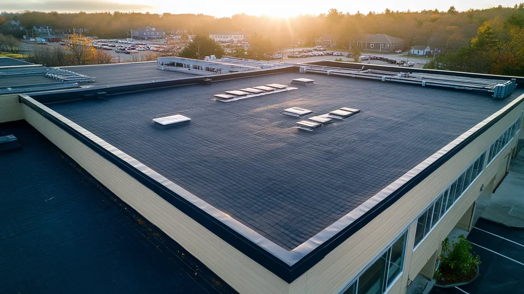 A commercial roof on a post office in a location similar to Portland, Maine with a light beams aesthetic (AI image)