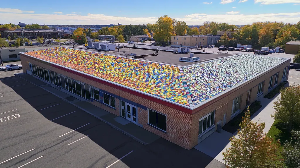 A commercial roof on a post office in a location similar to Portland, Maine with a mosaic tile art aesthetic (AI image)
