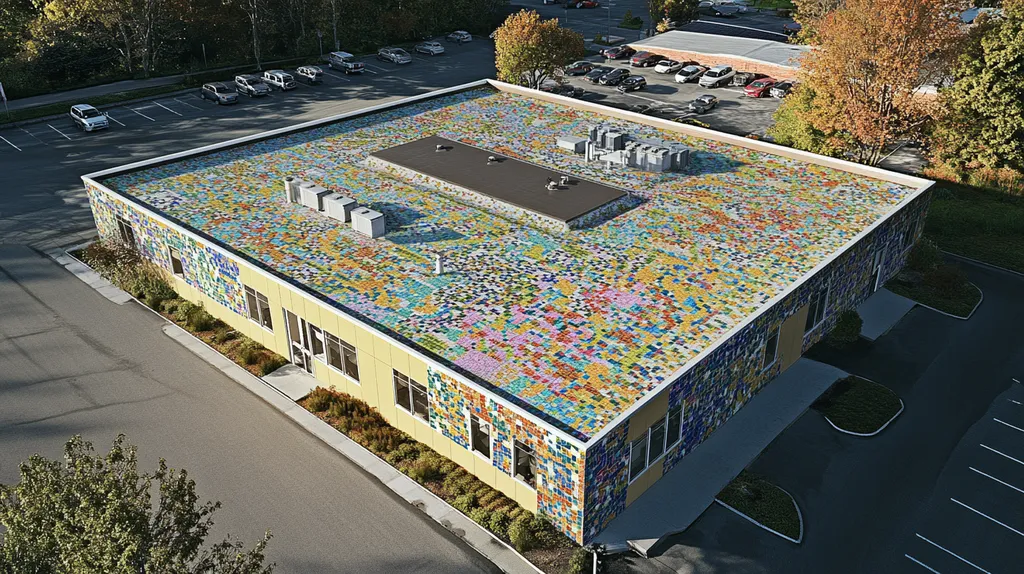 A commercial roof on a post office in a location similar to Portland, Maine with a mosaic tile art aesthetic (AI image)