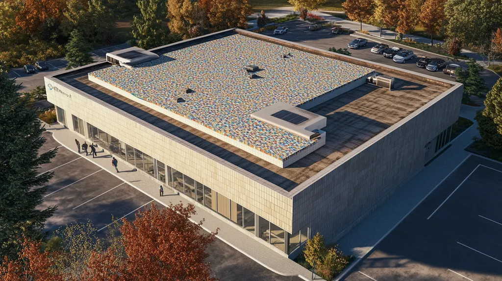 A commercial roof on a post office in a location similar to Portland, Maine with a mosaic tile art aesthetic (AI image)