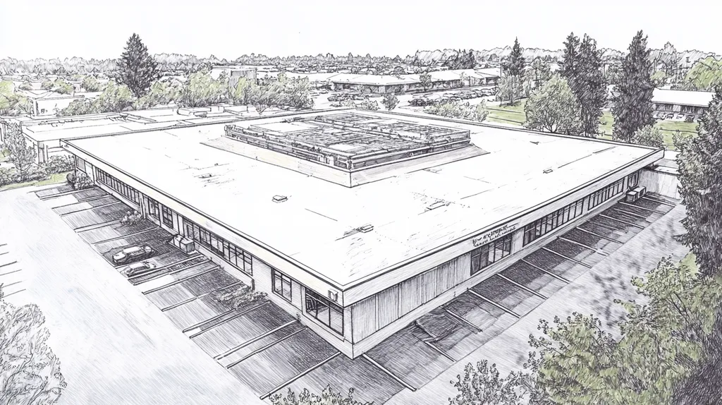 A commercial roof on a post office in a location similar to Portland with a charcoal sketch aesthetic (AI image)