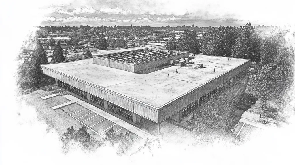 A commercial roof on a post office in a location similar to Portland with a charcoal sketch aesthetic (AI image)