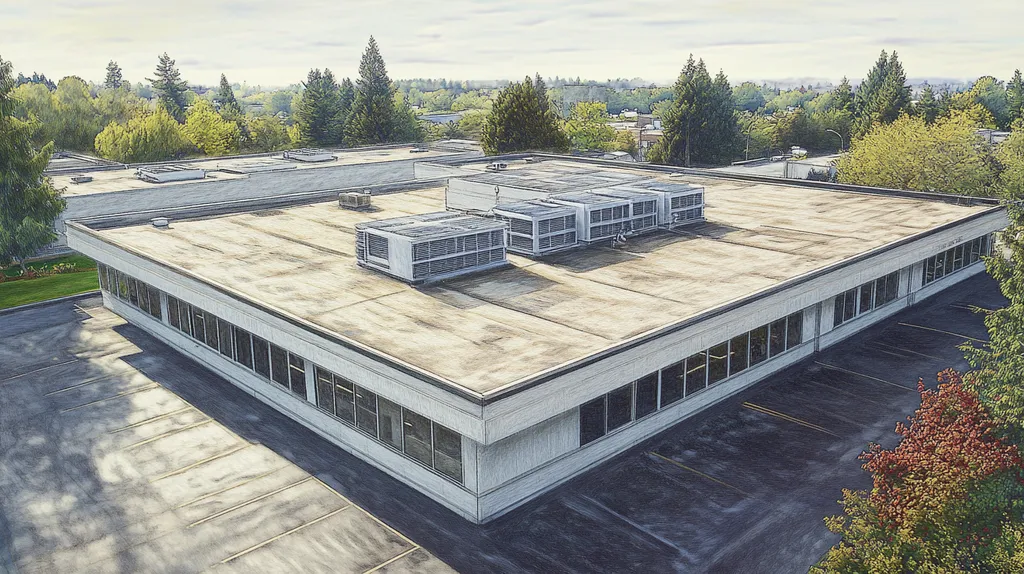 A commercial roof on a post office in a location similar to Portland with a charcoal sketch aesthetic (AI image)