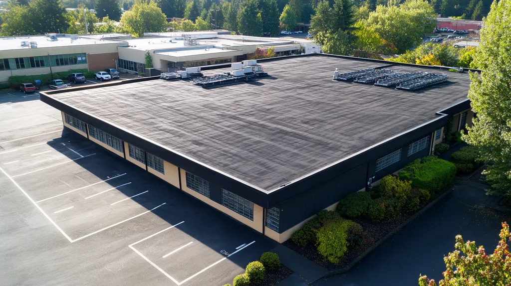 A commercial roof on a post office in a location similar to Portland with a charcoal sketch aesthetic (AI image)