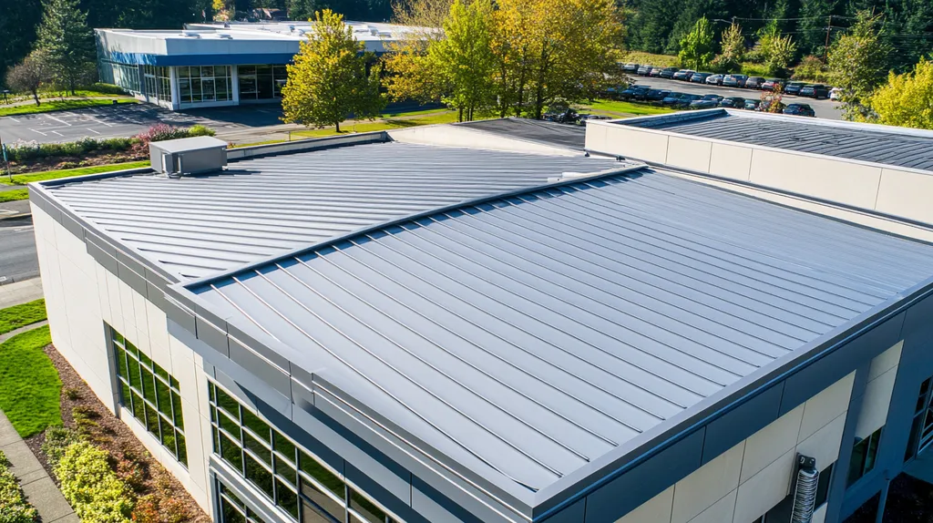 A commercial roof on a post office in a location similar to Portland with a stainless steel aesthetic (AI image)