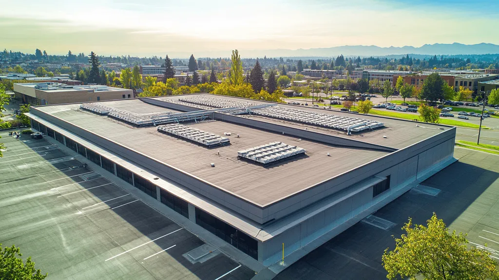 A commercial roof on a post office in a location similar to Portland with an urban context aesthetic (AI image)