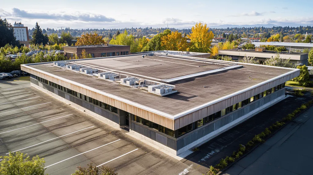 A commercial roof on a post office in a location similar to Portland with an urban context aesthetic (AI image)