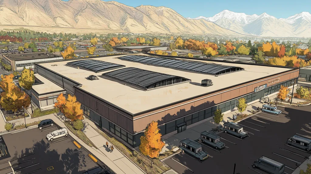A commercial roof on a post office in a location similar to Salt Lake City with a comic book style aesthetic (AI image)