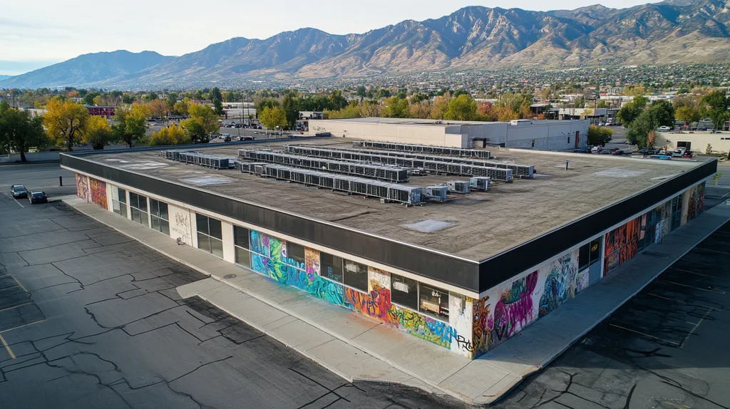 A commercial roof on a post office in a location similar to Salt Lake City with a graffiti mural aesthetic (AI image)