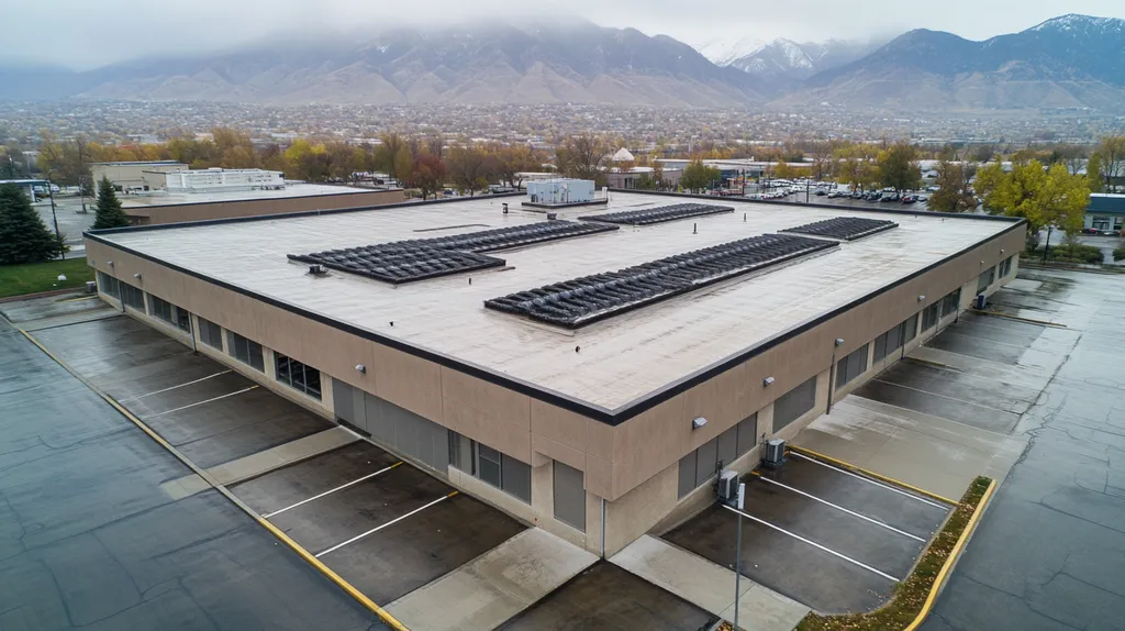 A commercial roof on a post office in a location similar to Salt Lake City with a rainy day aesthetic (AI image)