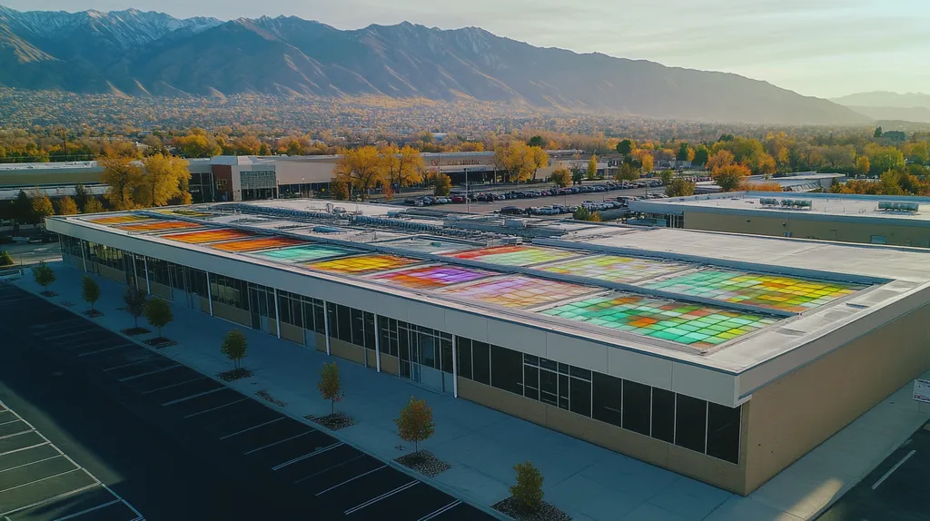 A commercial roof on a post office in a location similar to Salt Lake City with a stained glass style aesthetic (AI image)