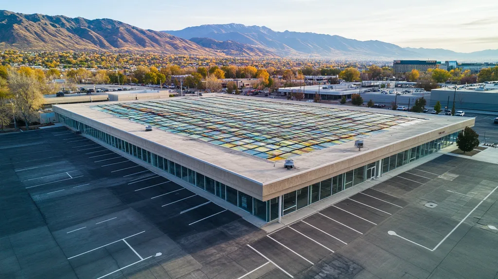 A commercial roof on a post office in a location similar to Salt Lake City with a stained-glass style aesthetic (AI image)