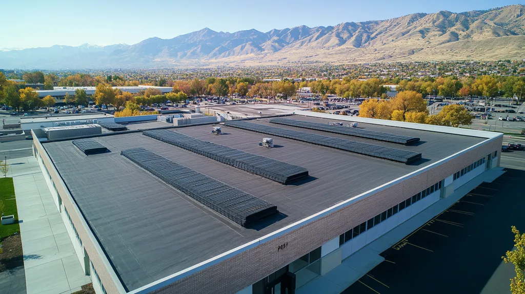 A commercial roof on a post office in a location similar to Salt Lake City with an urban context aesthetic (AI image)