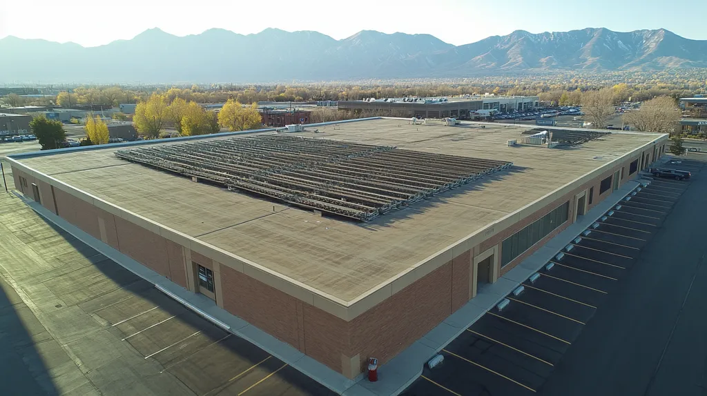 A commercial roof on a post office in a location similar to Salt Lake City with an urban context aesthetic (AI image)