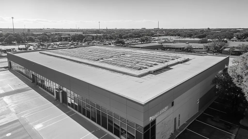 A commercial roof on a post office in a location similar to San Antonio with a black and white photography aesthetic (AI image)