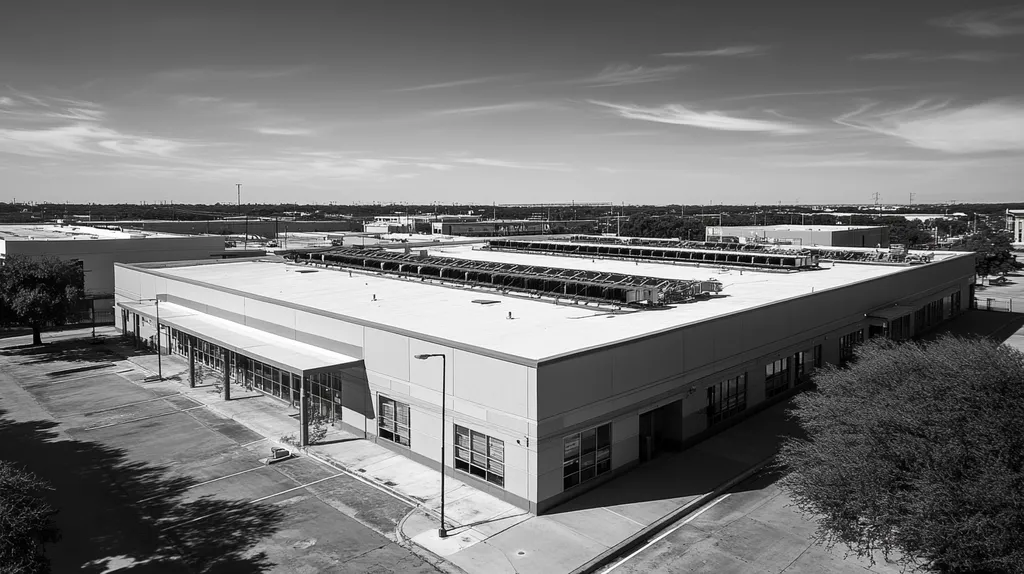 A commercial roof on a post office in a location similar to San Antonio with a black and white photography aesthetic (AI image)