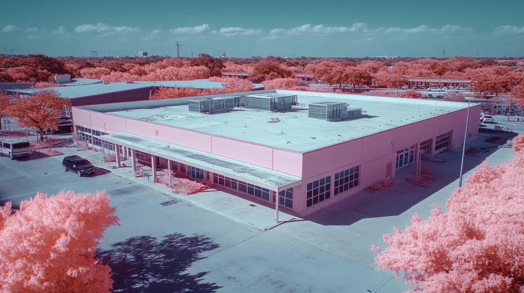A commercial roof on a post office in a location similar to San Antonio with an infrared photography aesthetic (AI image)
