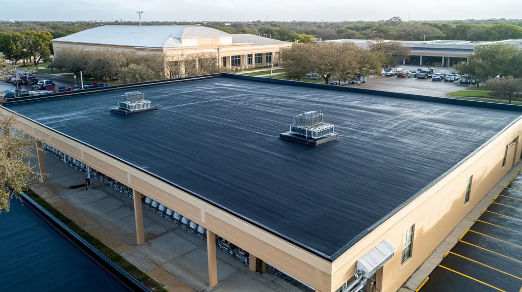 A commercial roof on a post office in a location similar to San Antonio with a rainy day aesthetic (AI image)